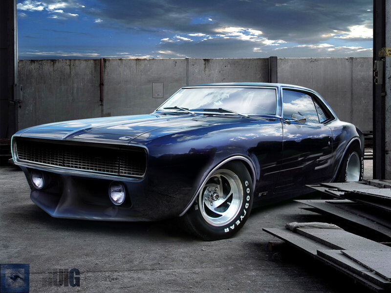 blue muscle car in garage