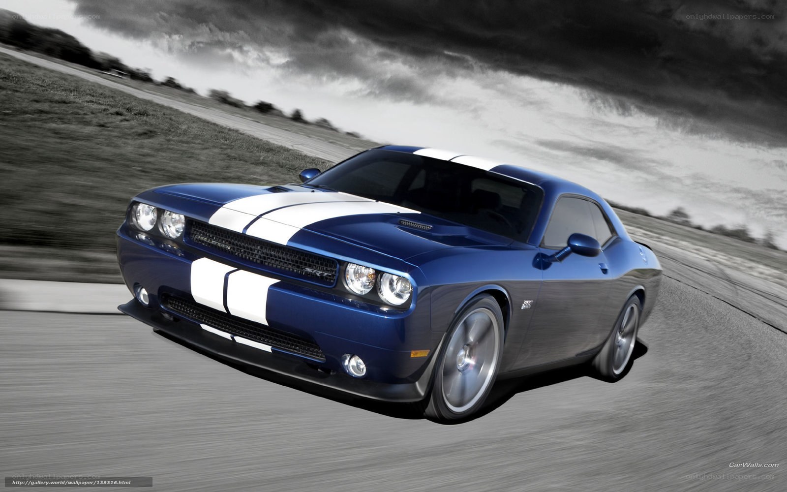 Blue muscle car in motion