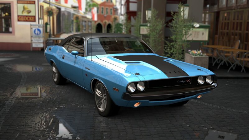Blue muscle car on cobblestone street