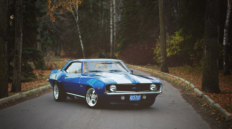 Blue muscle car on forest road