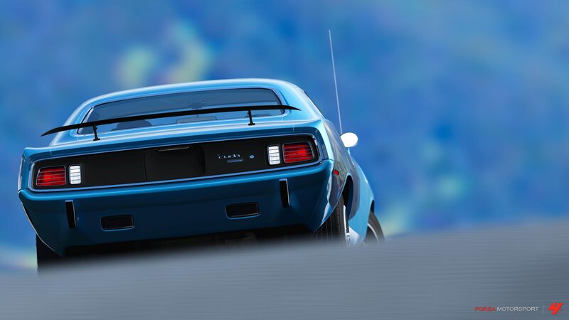 Blue muscle car rear view
