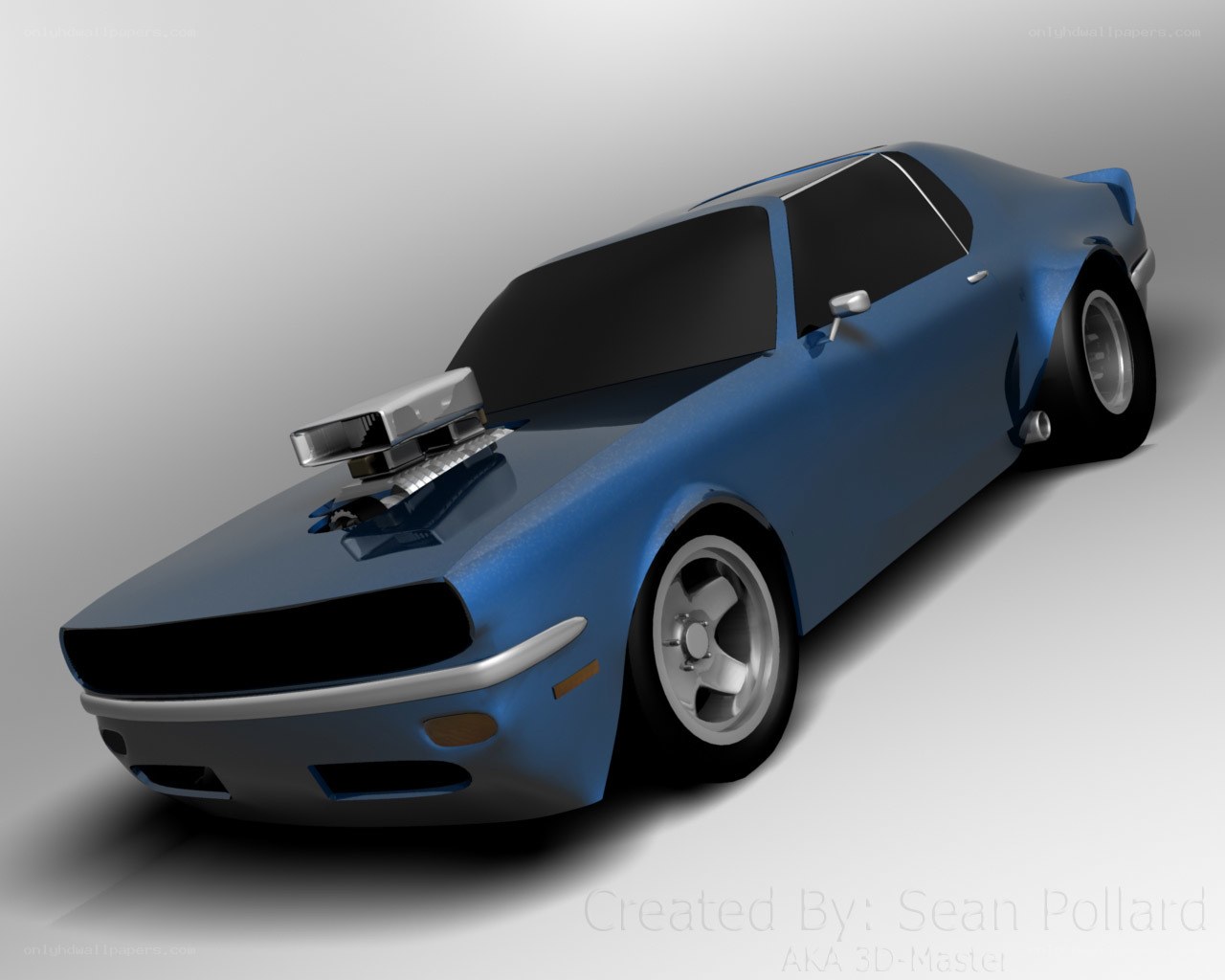 blue muscle car with supercharger