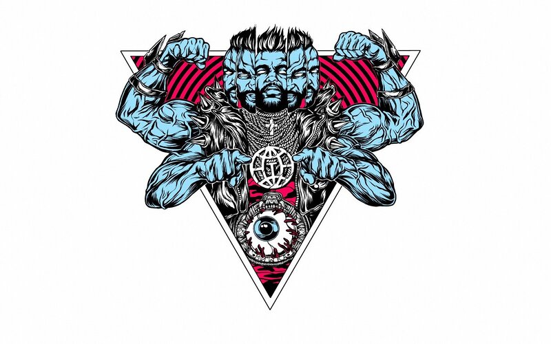 blue muscular figure with three heads