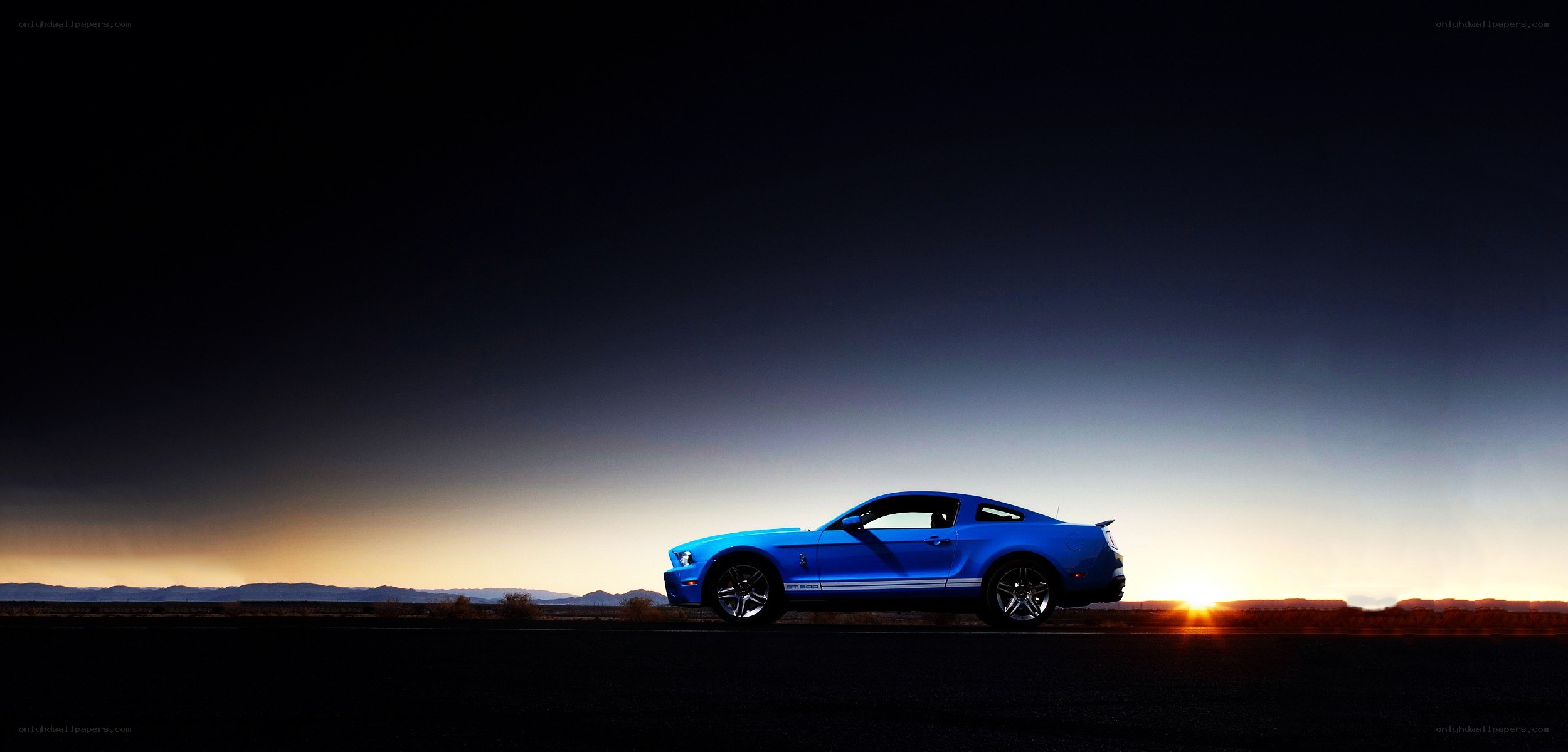Blue Mustang at sunset