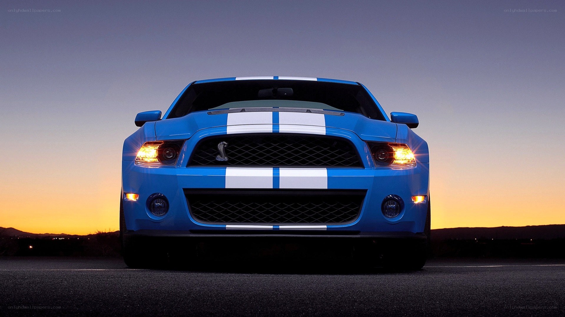 blue mustang at sunset