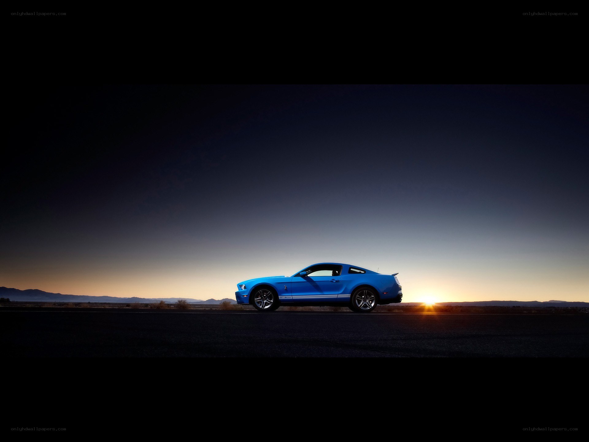 Blue Mustang at sunset