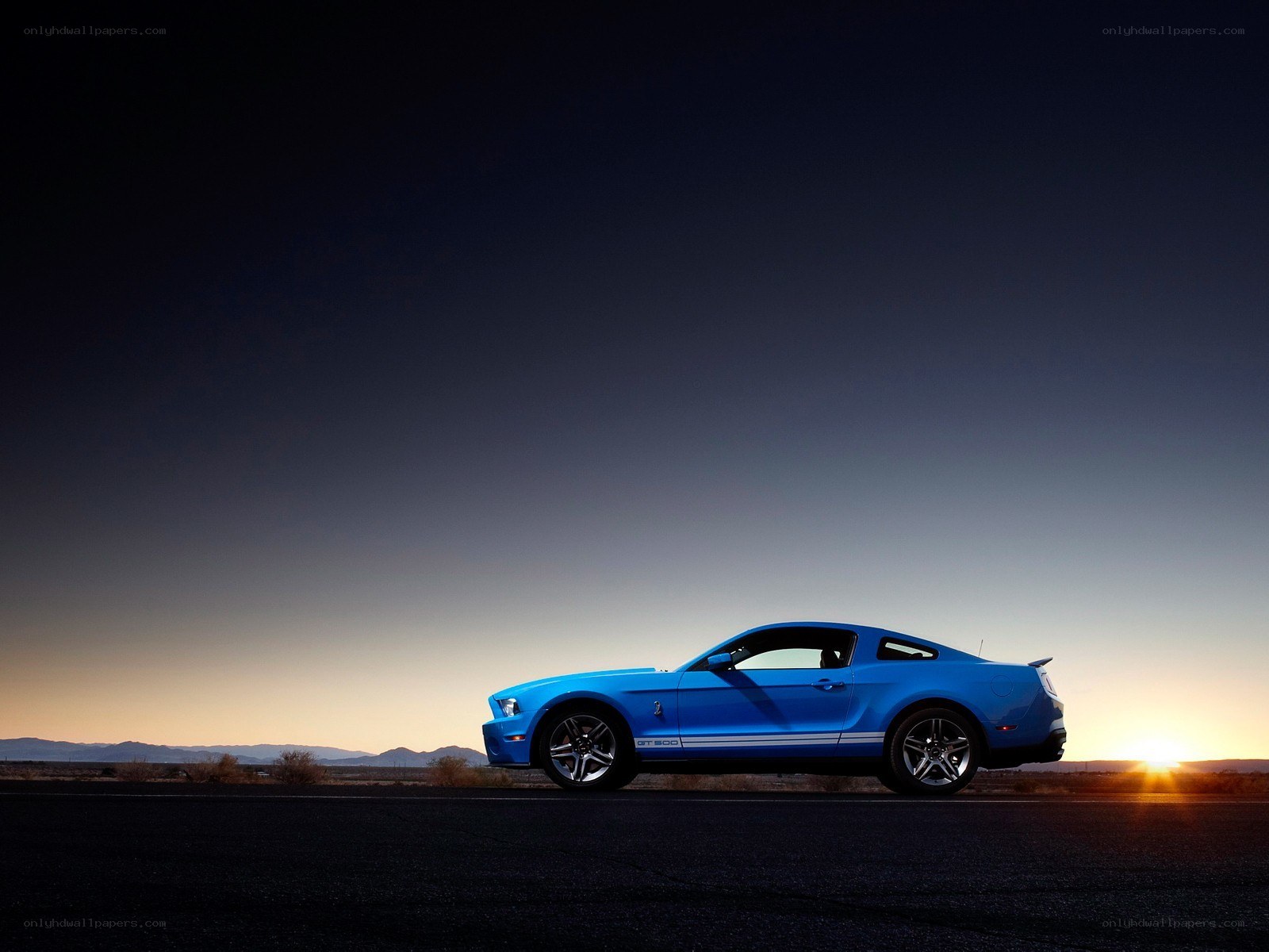 Blue Mustang at sunset