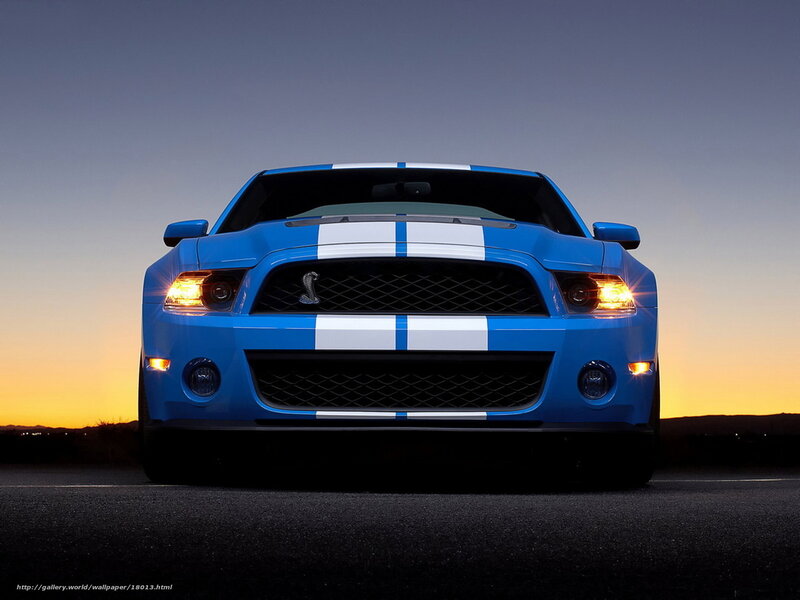 blue mustang at sunset