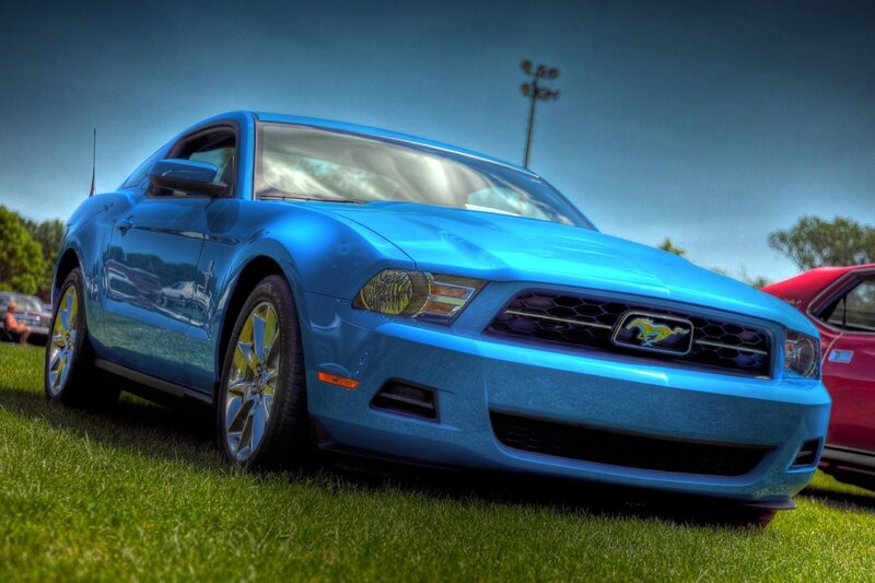 Blue Mustang Car — Dramatic, Afternoon, Photograph, Grass