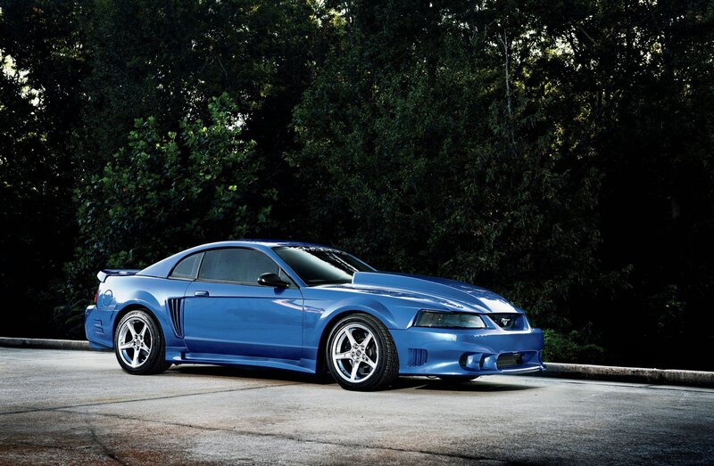Blue Mustang Car — Dramatic, Afternoon, Photograph, Trees