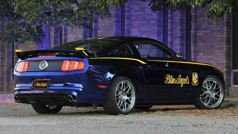 Blue Mustang Car — Dramatic, Night, Photograph, Tree, Building