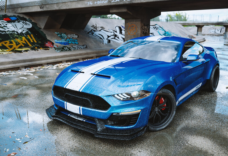 Blue Mustang Car — Dramatic, Photograph, Graffiti Wall
