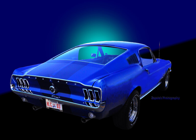 Blue Mustang Car — Dramatic, Photograph, License Plate