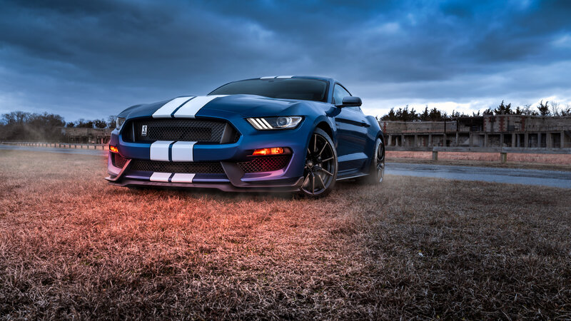 Blue Mustang Car — Dramatic, Sunset, Photograph, Grass Field