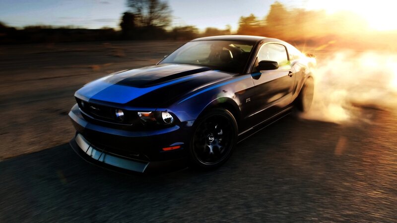 Blue Mustang Car — Dramatic, Sunset, Photograph, Smoke
