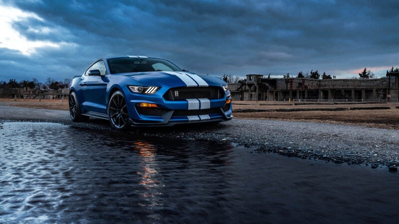 Blue Mustang Car — Dramatic, Sunset, Photograph, Water