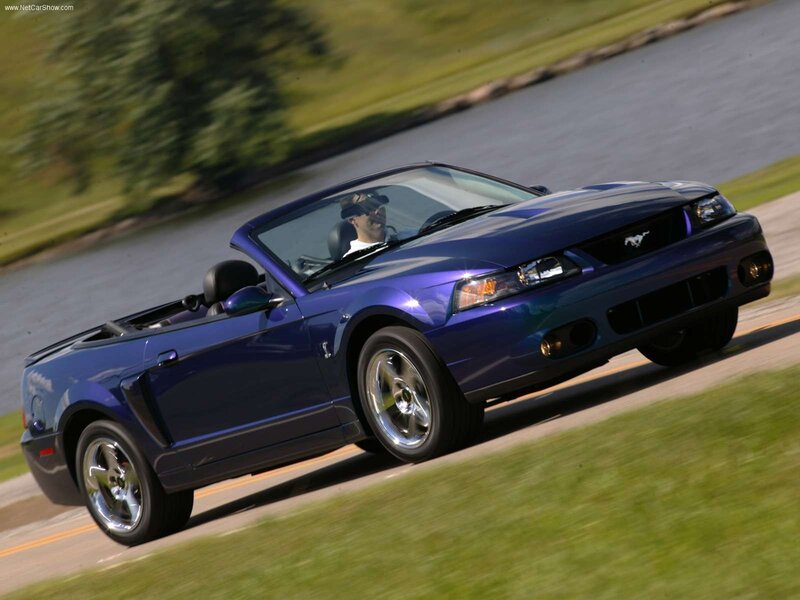 Blue Mustang convertible in motion