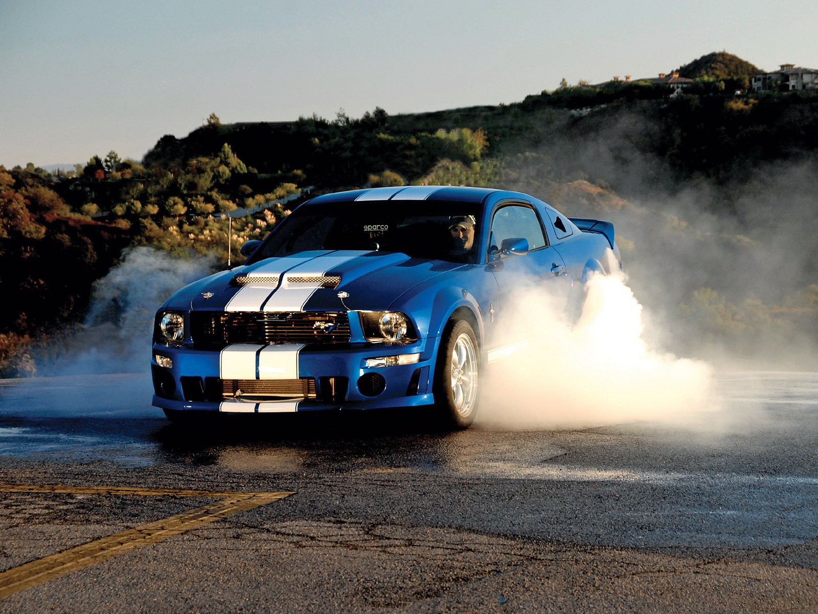 Blue Mustang doing a burnout