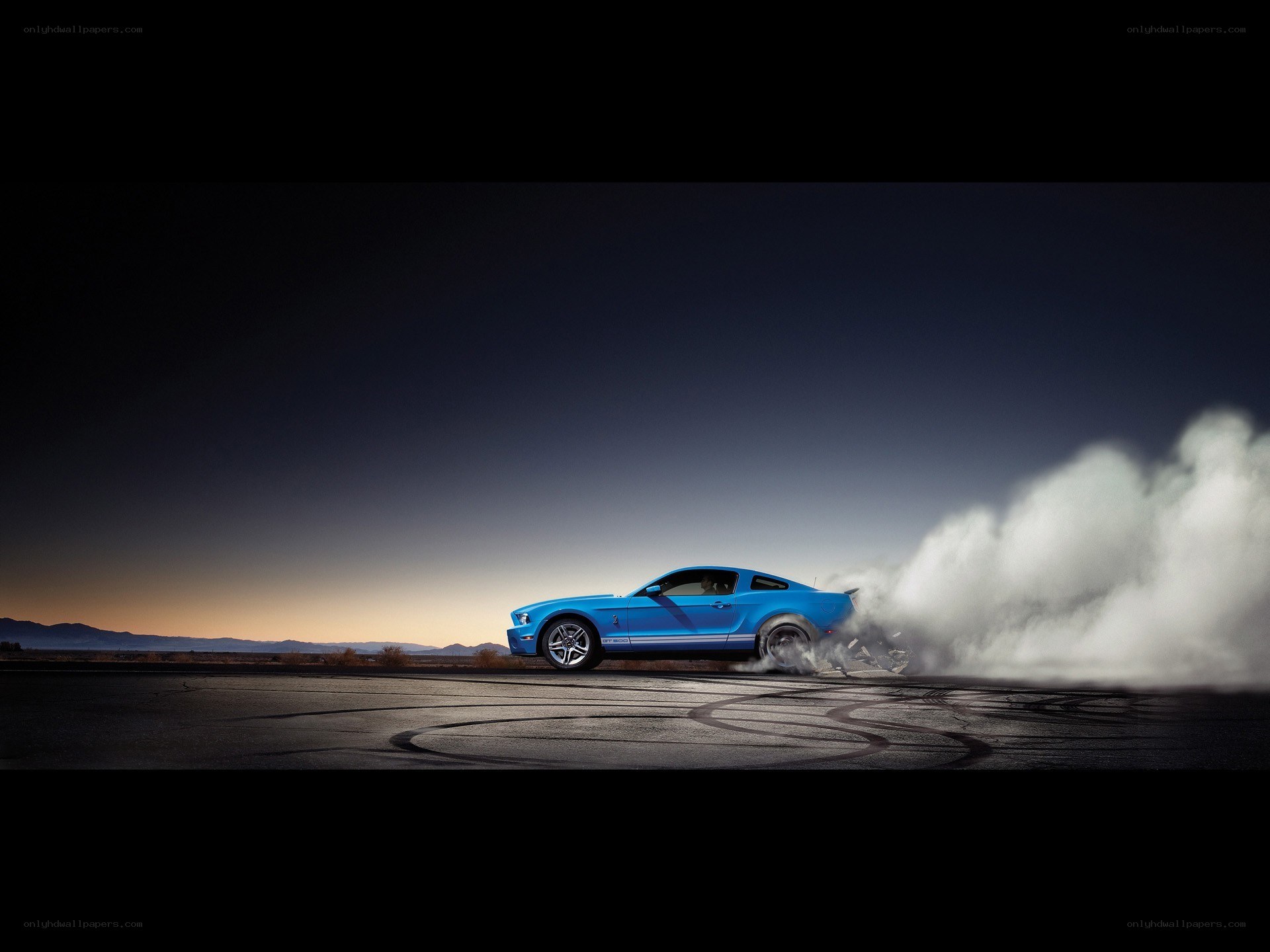 Blue Mustang doing burnout