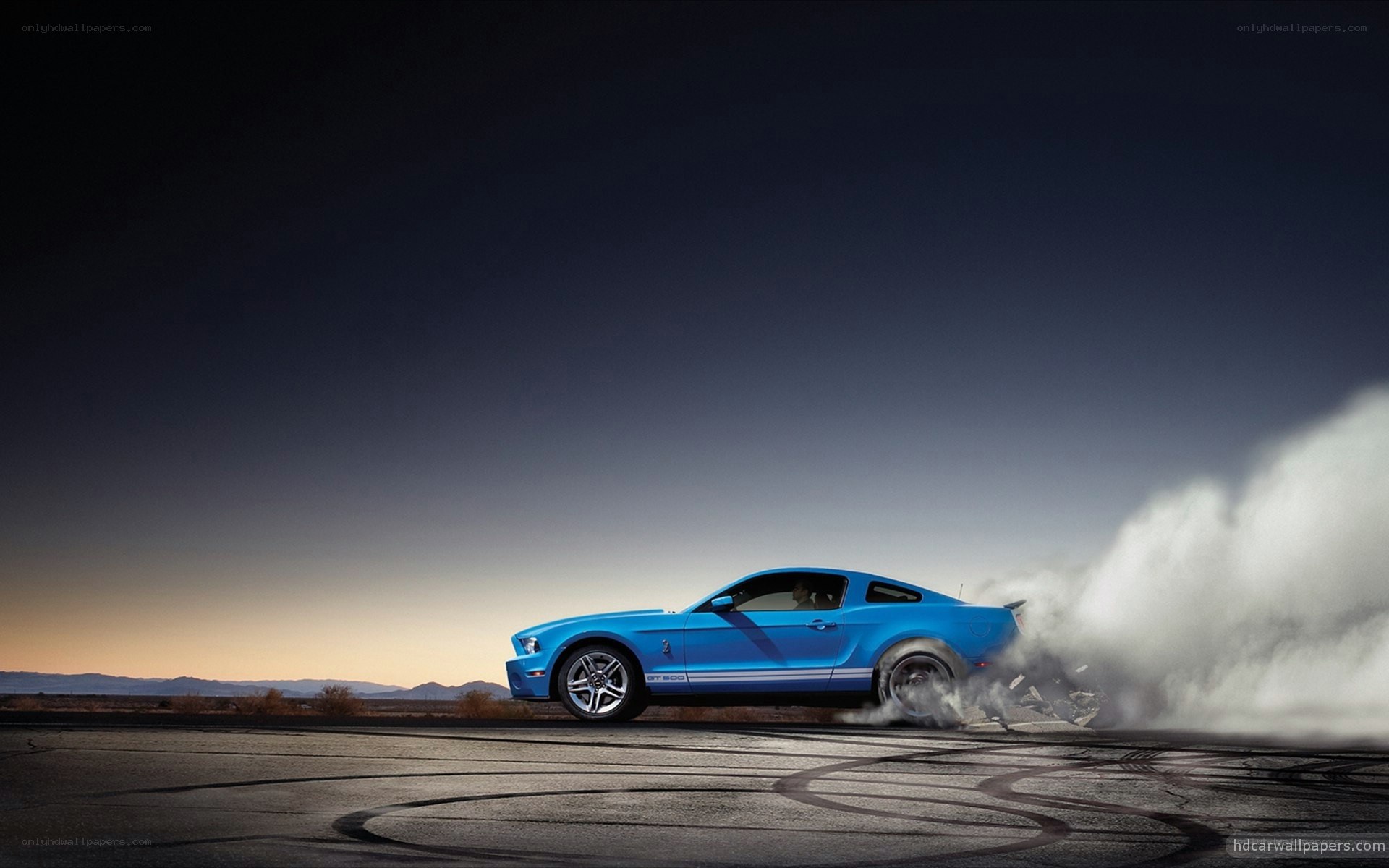 blue mustang doing burnout