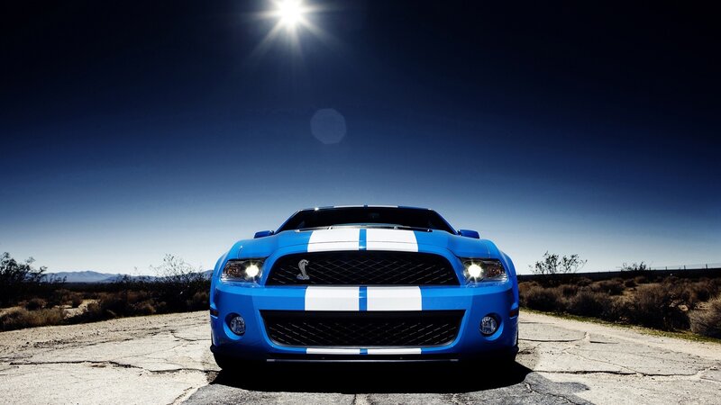 blue mustang in desert