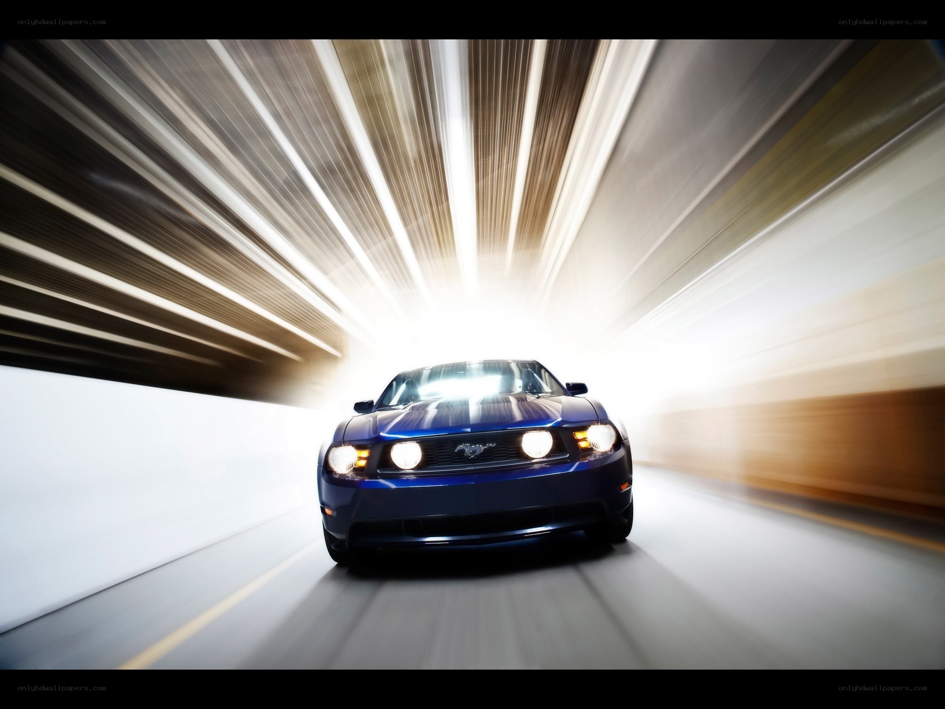 Blue Mustang in motion