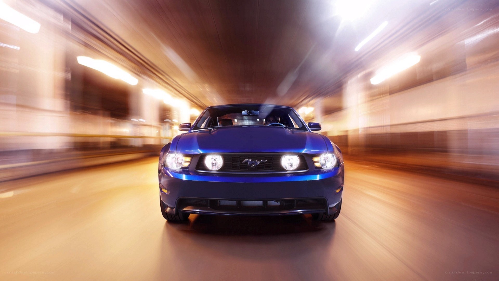 Blue Mustang in motion