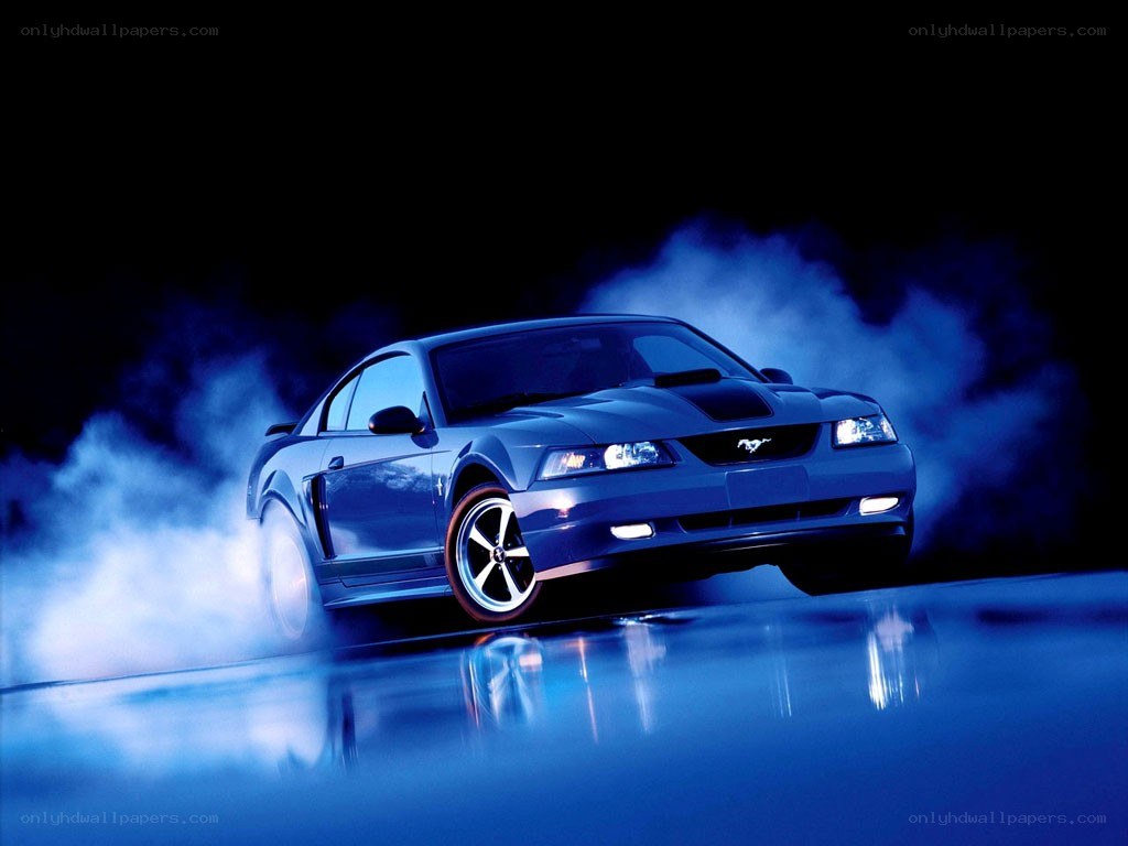 blue mustang in smoke