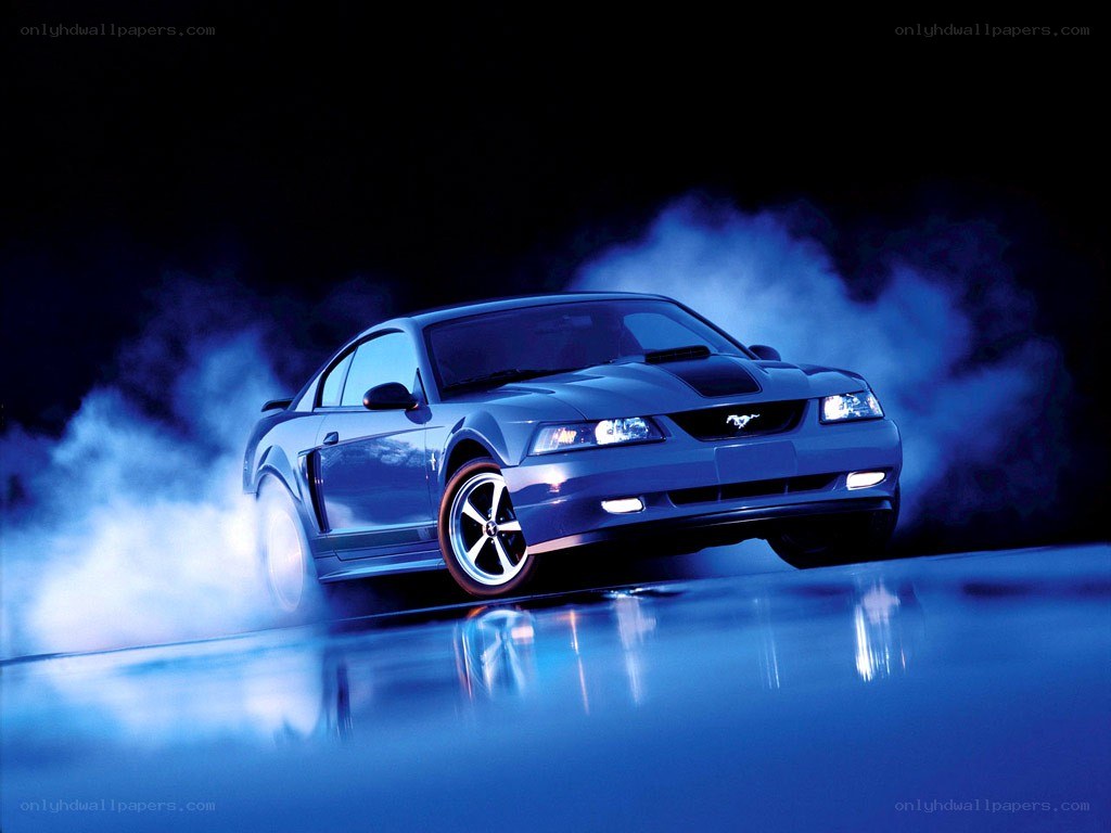 blue mustang in smoke