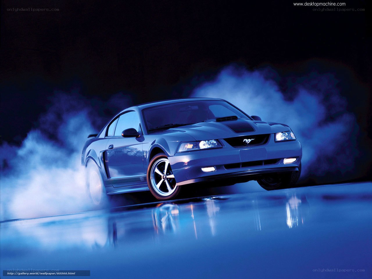 Blue Mustang in smoke