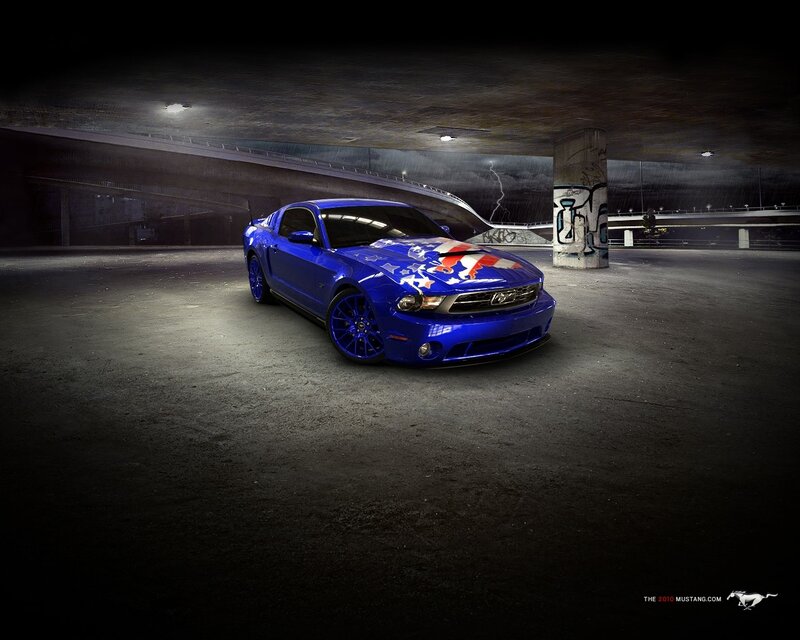 Blue Mustang in urban setting