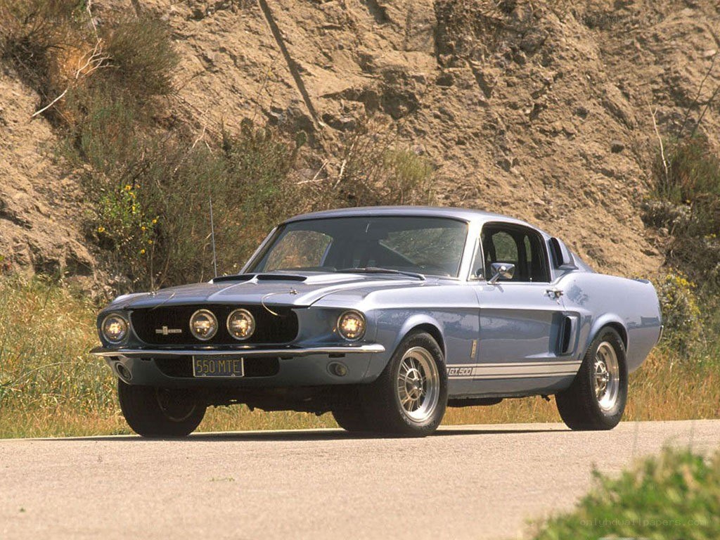 blue mustang on a road