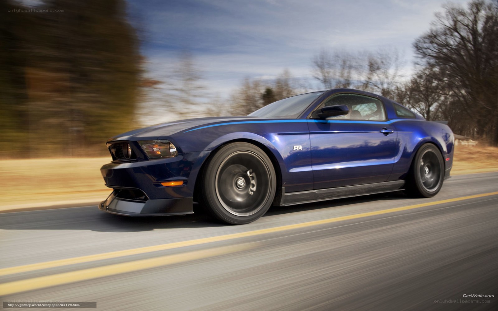 blue mustang on road