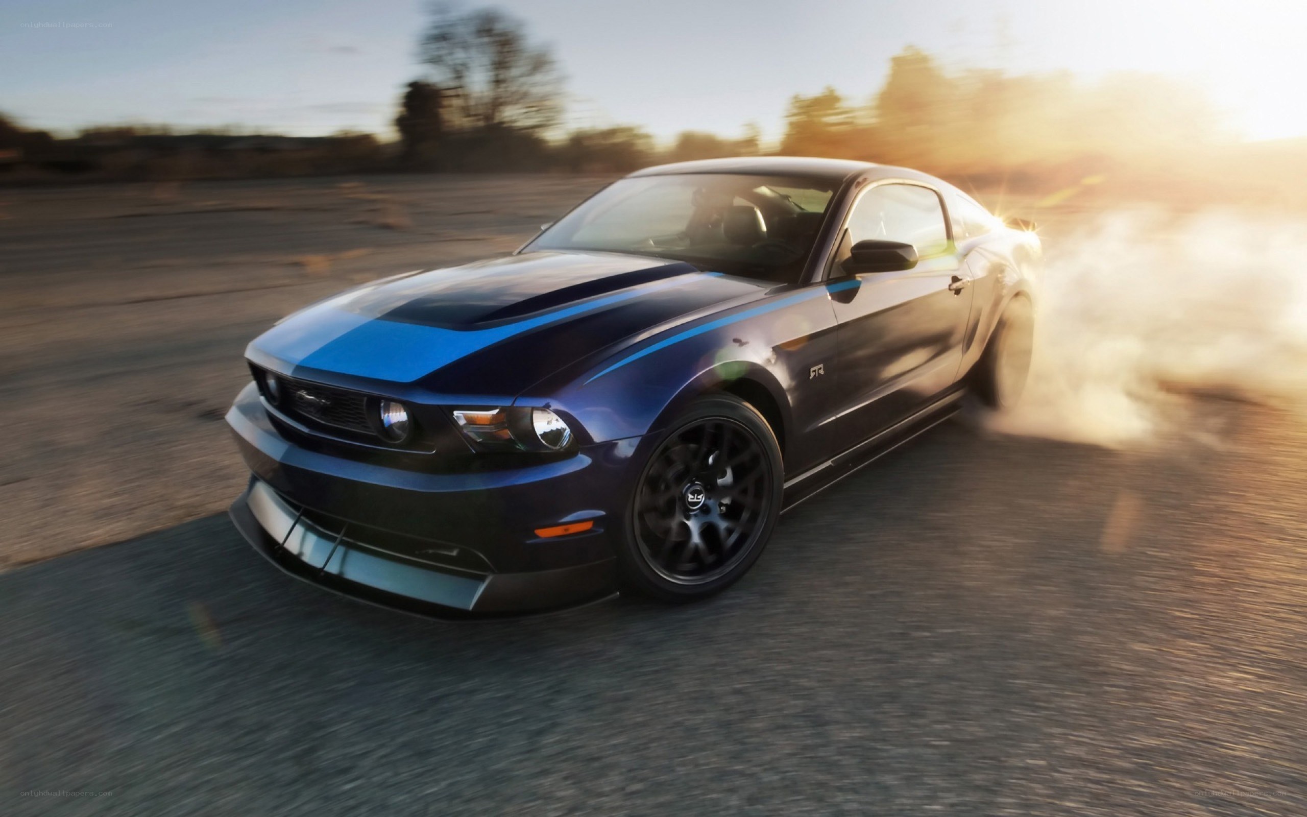 blue mustang performing burnout