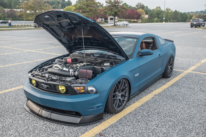Blue Mustang with Open Hood