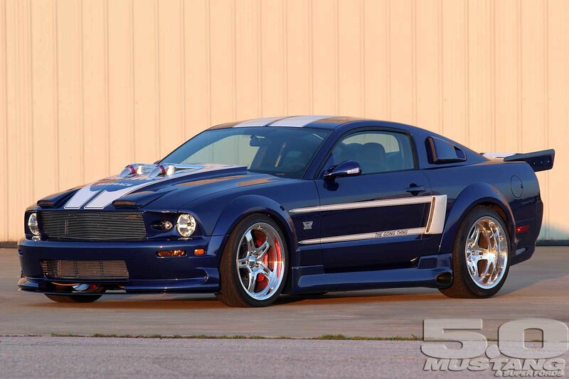 blue mustang with racing stripes