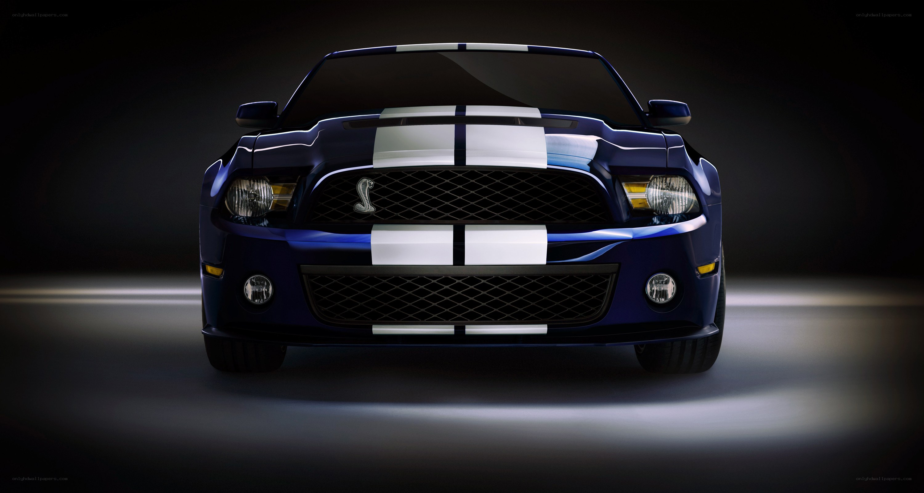 blue mustang with racing stripes