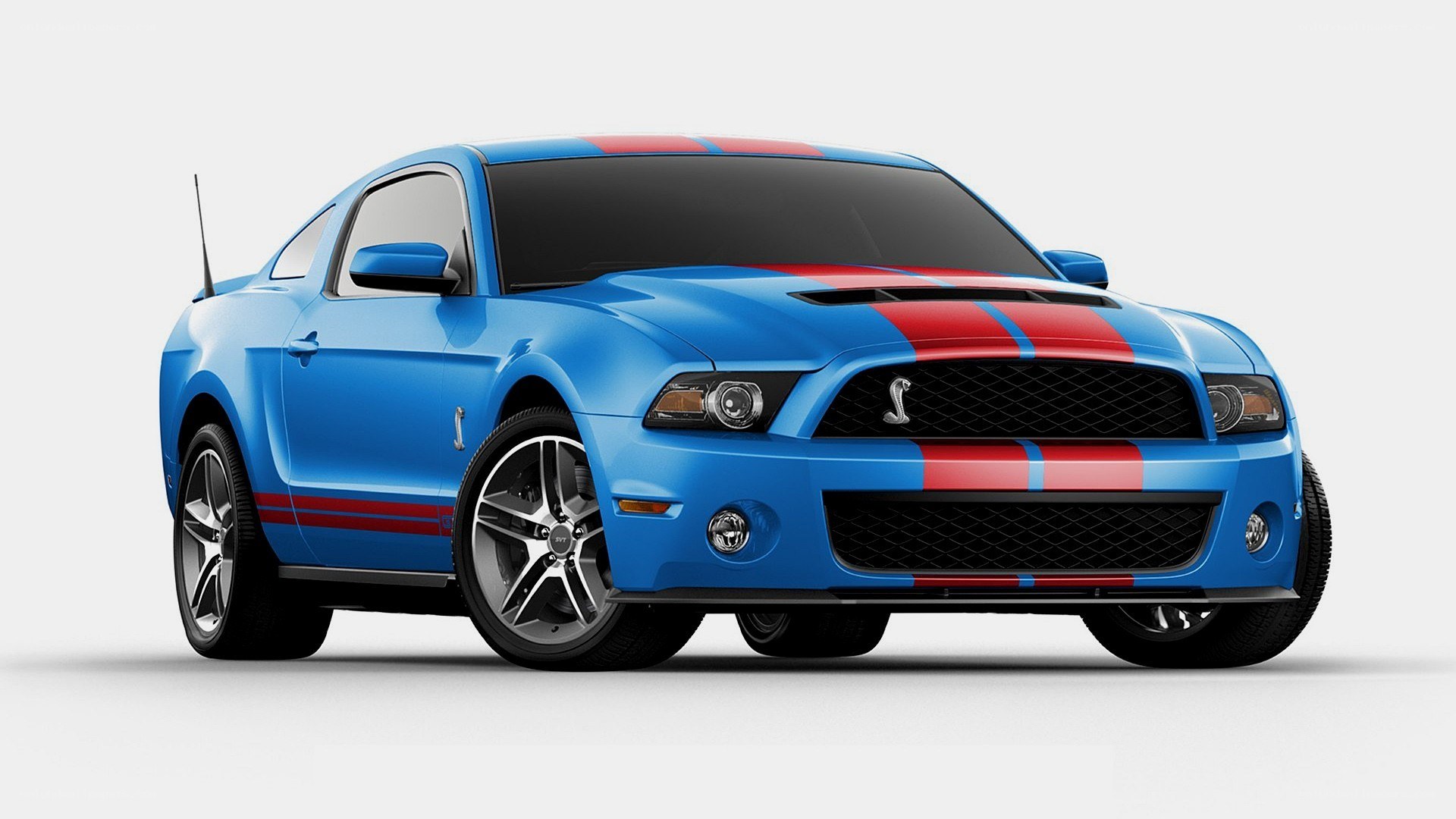 blue mustang with red stripes