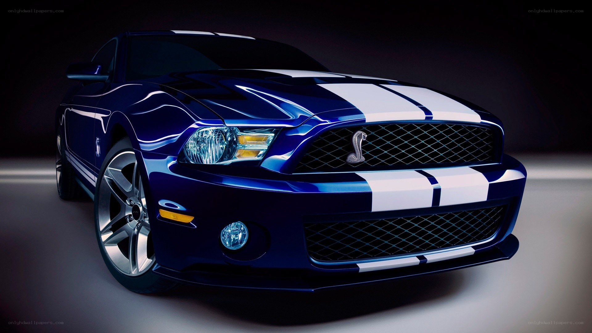 blue mustang with white stripes