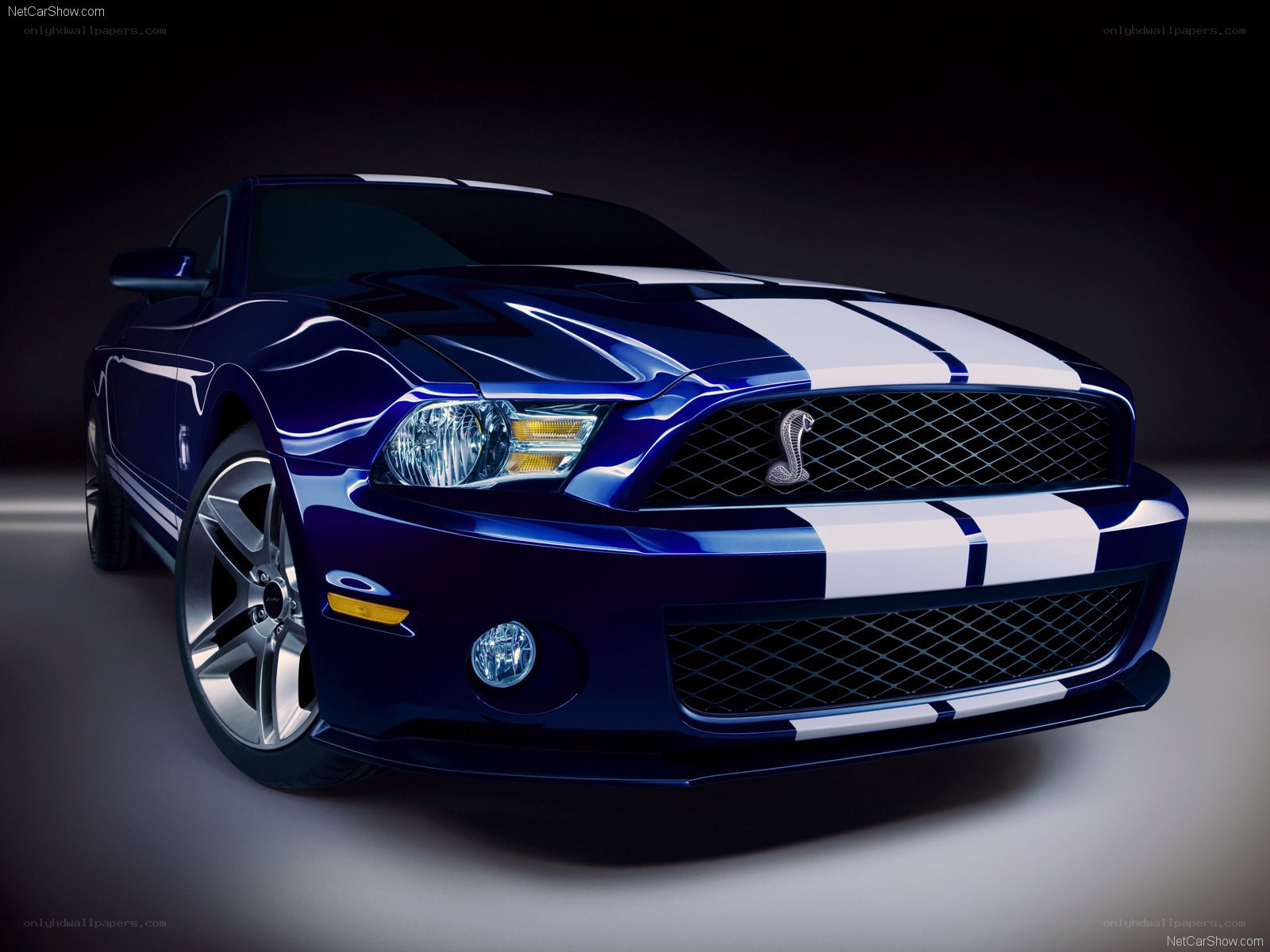 blue mustang with white stripes