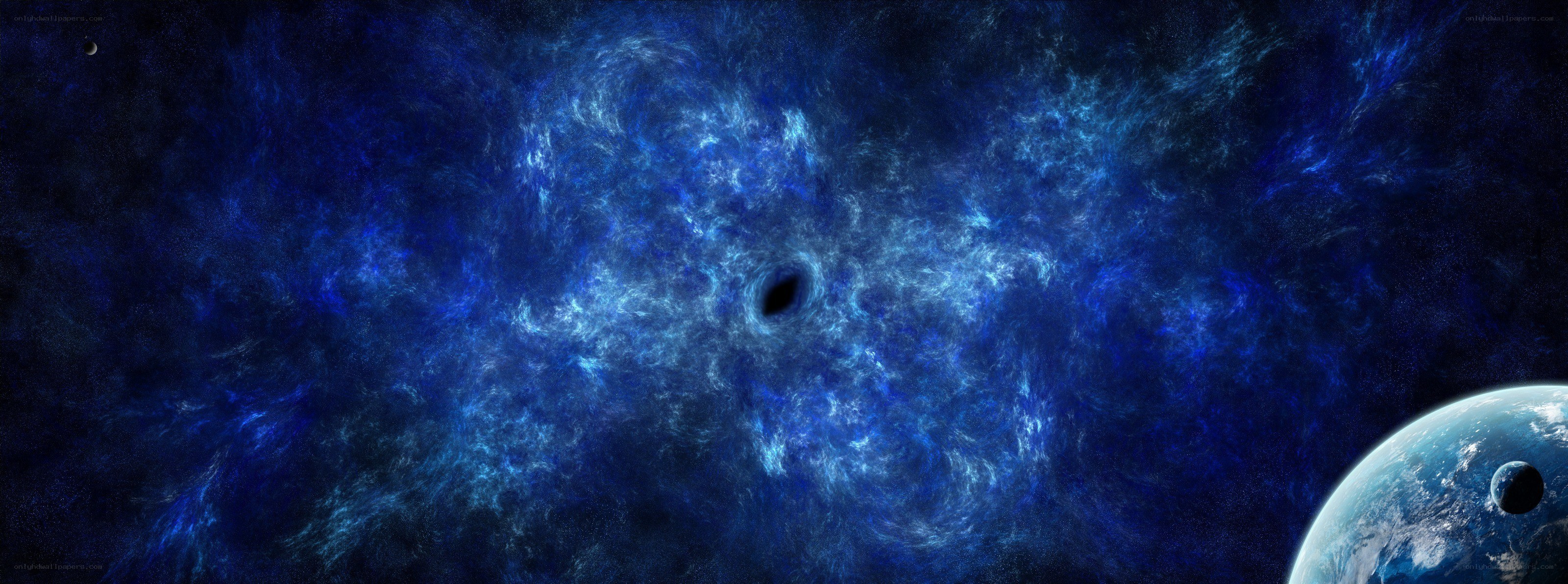 Blue nebula with planet and moon