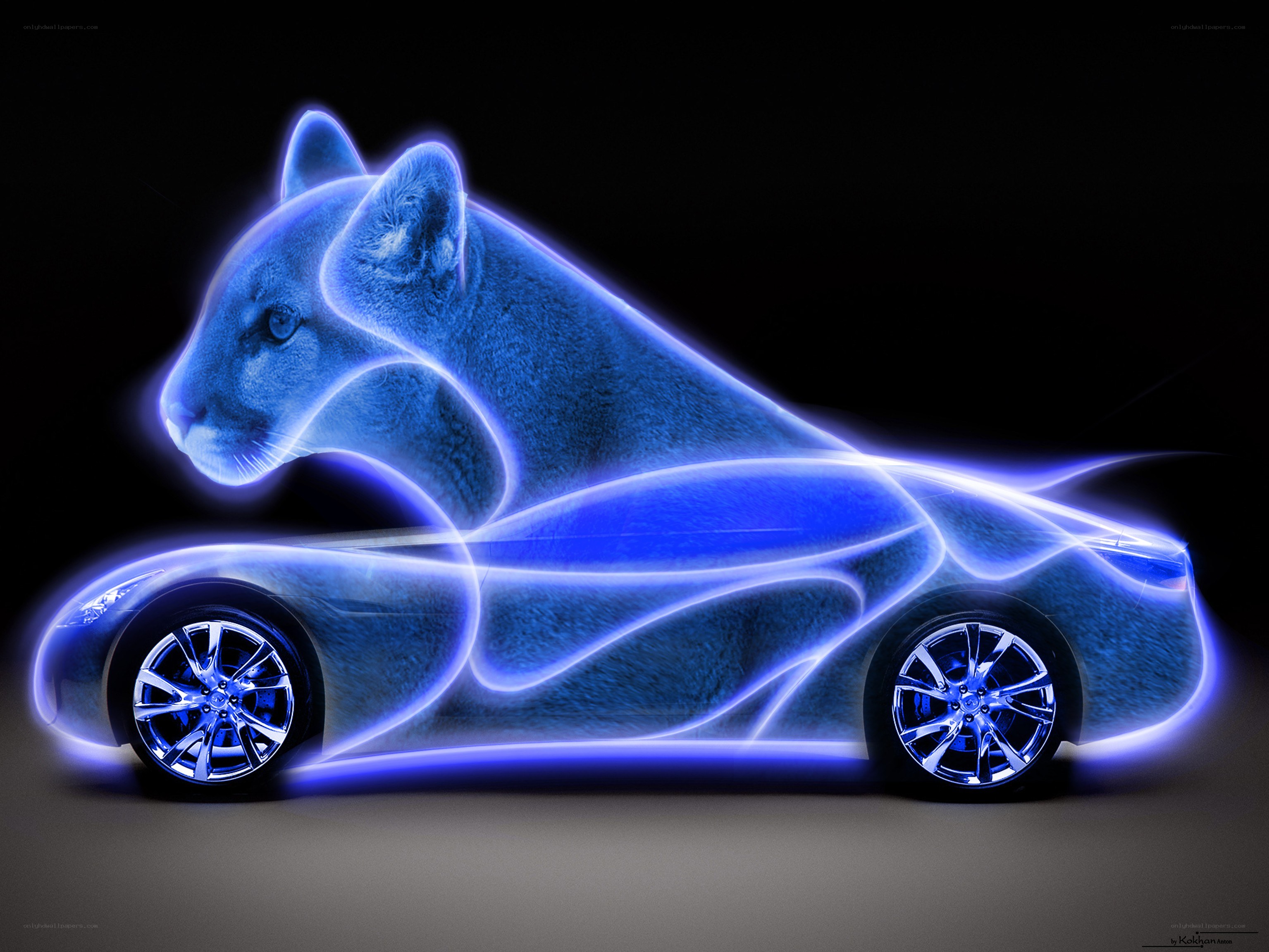 Blue neon car and cougar