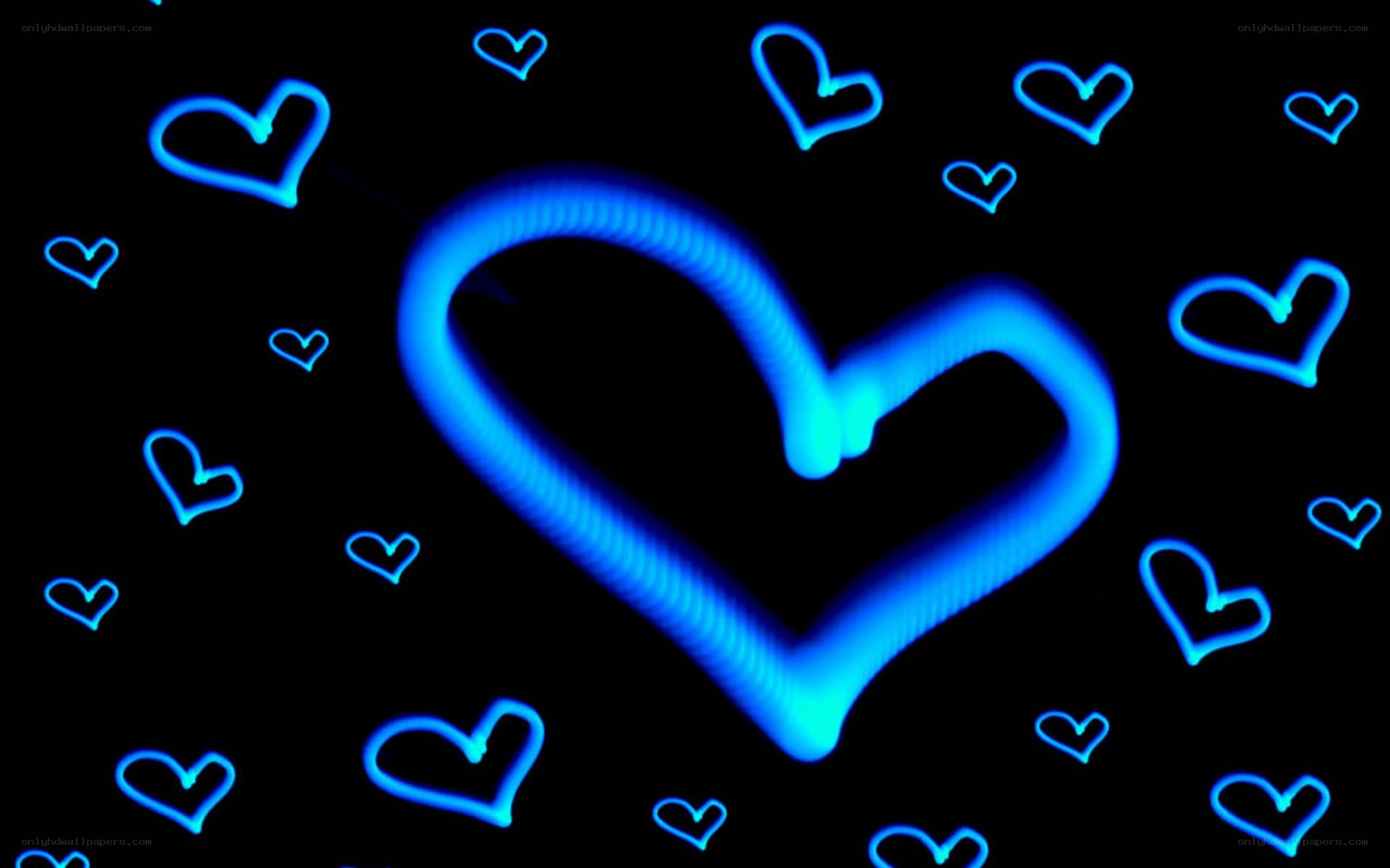 blue neon hearts on black