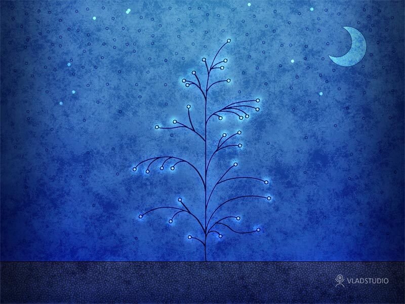 Blue night tree with moon