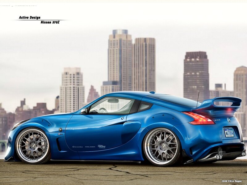 Blue Nissan 370Z with city backdrop