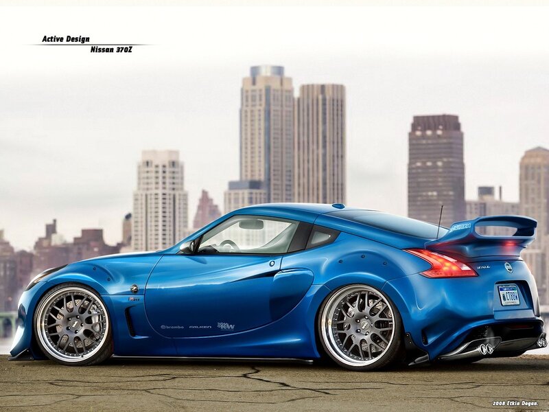 Blue Nissan 370Z with city backdrop