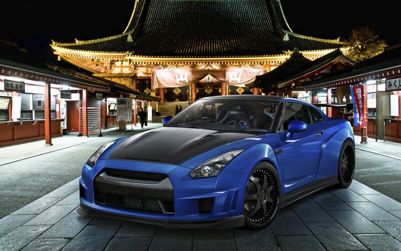 Blue Nissan GT-R at temple