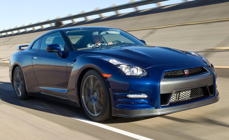 Blue Nissan GT-R in motion