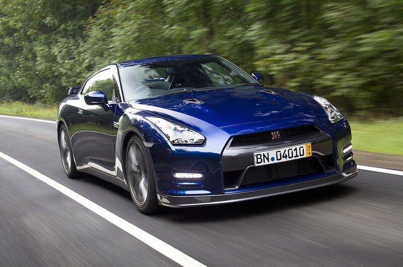 Blue Nissan GT-R in motion