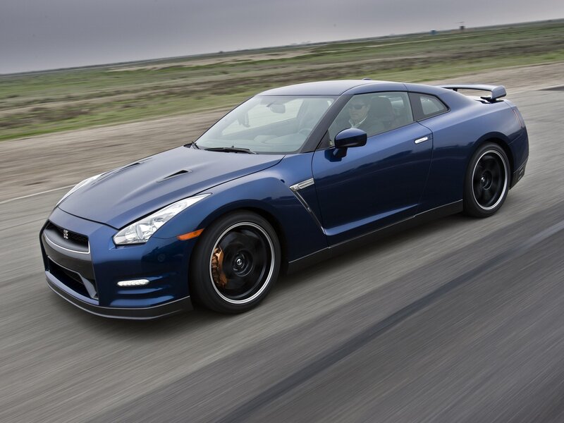 blue nissan gt-r in motion